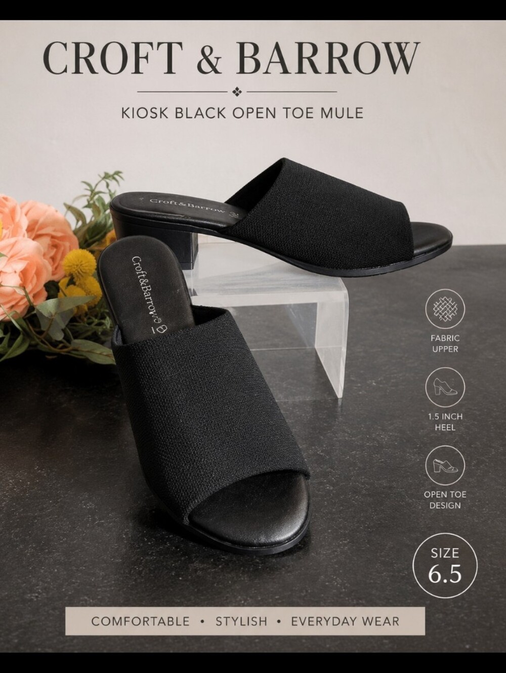 CROFT & BARROW Kiosk Black Open Toe Mule 6.5